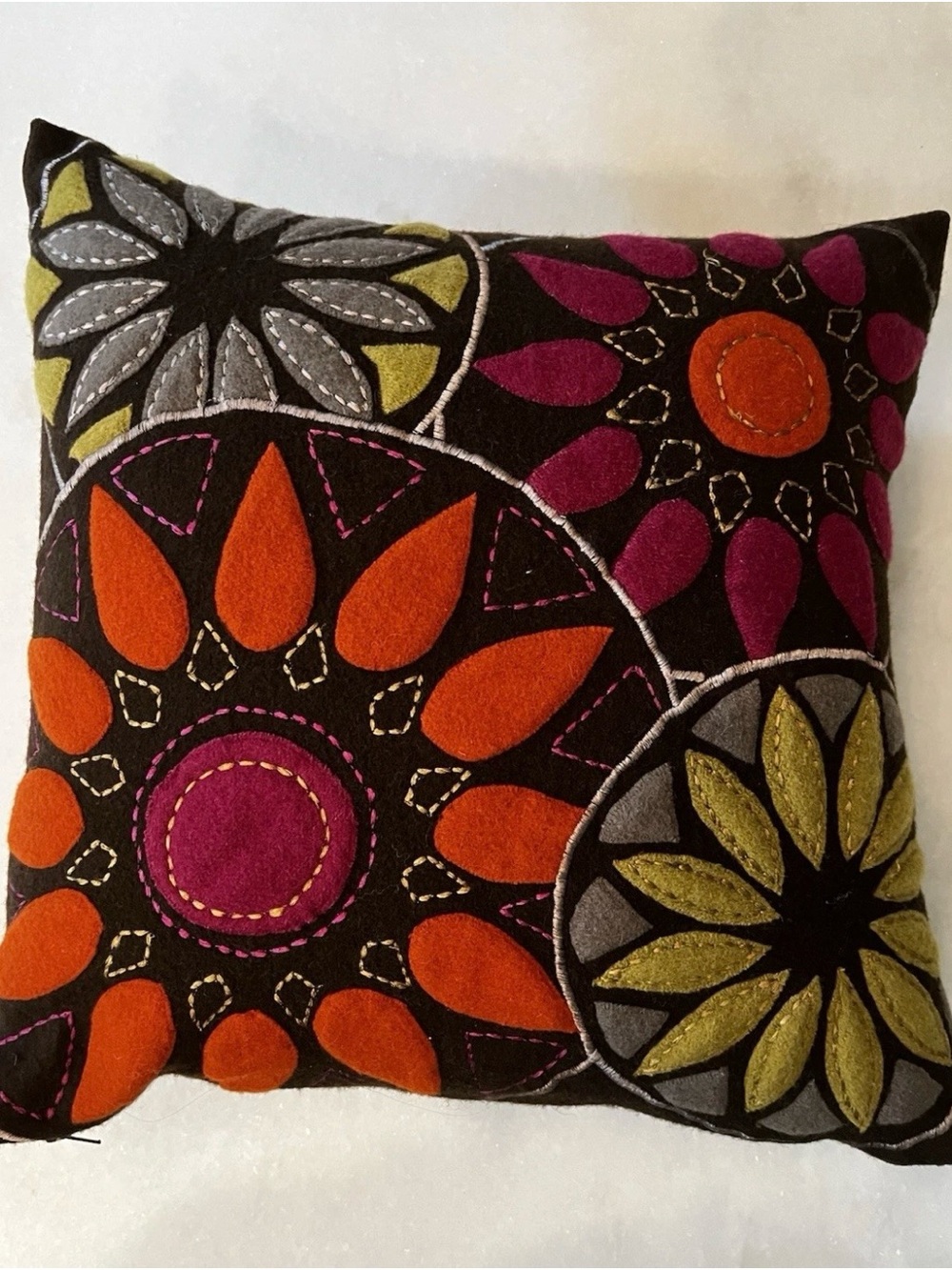 Crate&Barrel Brown Embroidered Floral Medallion Pillow with Orange, Pink & Olive